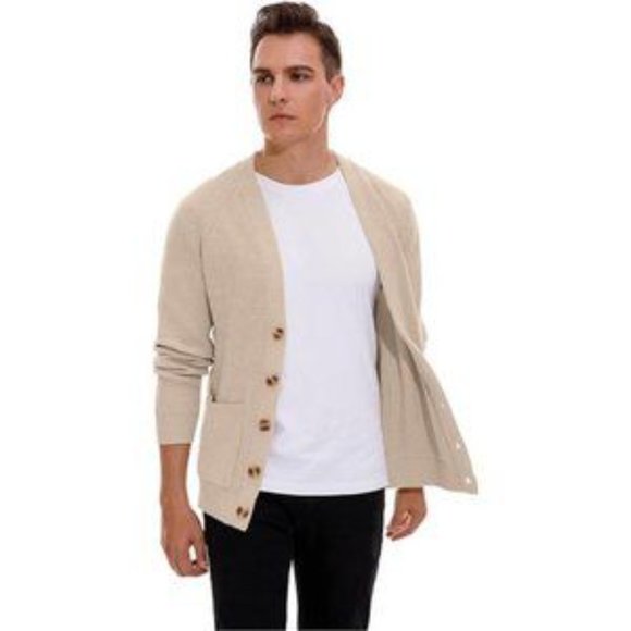 New Men's Cardigan Sweater Soft Cable Knit Beige - Picture 3 of 8